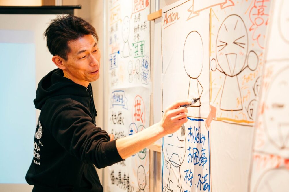 講師がホワイトボードに、棒人間を描いている様子